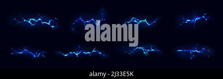 Foudre, coup d'éclair électrique de couleur bleue pendant la tempête de nuit, impact, fissure, éclair d'énergie magique. Décharge électrique puissante, réaliste Illustration de Vecteur