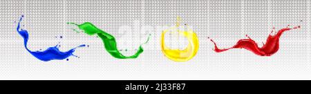 Éclaboussures de peinture avec des tourbillons et des gouttes isolés sur un fond transparent. Vecteur ensemble réaliste d'ondes liquides de rouge, bleu, vert et yello Illustration de Vecteur