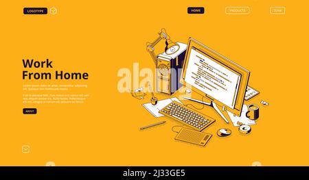 Travail à partir de la page d'accueil isométrique, espace de travail de programmeur, bureau domestique, table de freelance avec moniteur d'ordinateur avec données de codage, café et stat Illustration de Vecteur
