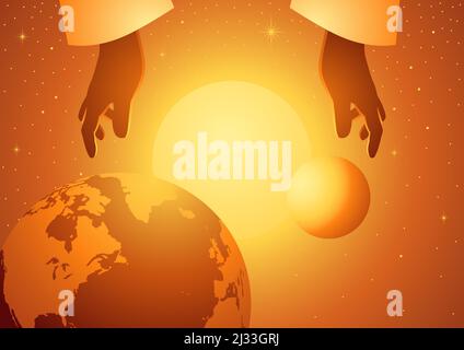Série d'illustrations vectorielles bibliques, la création du monde, le quatrième jour, le Soleil, la Lune et les étoiles ont été créés Illustration de Vecteur