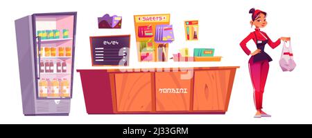 Konbini, meubles de magasin de proximité et femme vendeur isolé sur fond blanc. Vector série de dessins animés ouvert 24 heures magasin, supermarché japonais WIT Illustration de Vecteur