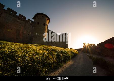 Vue sur la Citadelle médiévale de Carcassonne (Cité Médiévale) Tours et remparts du nord au coucher du soleil Banque D'Images