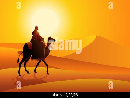 Illustration vectorielle de l'homme arabe à cheval à dos de chameau dans le désert chaud, paysage pour le ramadan et thème islamique Illustration de Vecteur