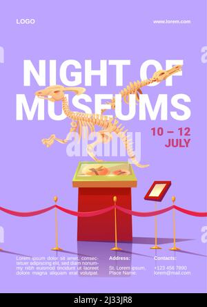 Affiche nuit des musées. Événement international pour rester ouvert tard dans la nuit expositions. Illustration de dessins animés vectoriels d'expositions préhistoriques, dinosau Illustration de Vecteur