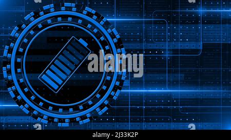 Concept de source d'énergie et d'alimentation électrique - batterie d'accumulateur au niveau de charge au centre des éléments graphiques sur des blocs de code binaire Banque D'Images