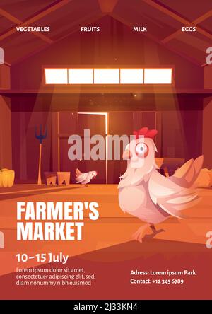 Affiche du marché agricole avec illustration de la poule dans une grange en bois. Vecteur circulaire de la foire agricole à la vente récolte et nourriture des fermes. Intérieur de dessin animé Illustration de Vecteur