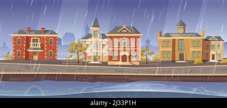 Pluie et vent dans la vieille ville avec des bâtiments européens rétro et promenade du lac. Vector caricature pluvieuse paysage urbain avec architecture vintage, route en pierre, empt Illustration de Vecteur