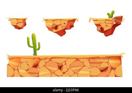 Plates-formes avec paysage désertique et cactus pour interface de niveau jeu. Ensemble de dessins animés vectoriels d'éléments d'interface graphique pour l'arrière-plan de l'arcade ou de l'ordinateur animati Illustration de Vecteur