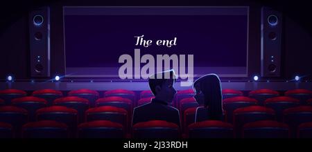 Couple aimant dans le cinéma, homme et femme regardent l'un sur l'autre assis dans la salle de cinéma vide devant de fin de film sur écran blanc vue arrière. Amour, romain Illustration de Vecteur