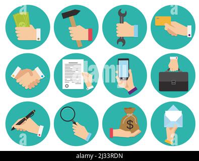 Ensemble de différentes icônes rondes de thème d'affaires avec des mains, illustration vectorielle de conception plate Illustration de Vecteur