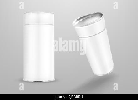 Tube en papier blanc, boîte cylindrique en carton isolée sur fond gris. Maquette réaliste Vector de carton contenant rond, emballage vierge tubus pour l'alimentation Illustration de Vecteur