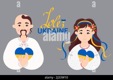 Couple d'Ukrainiens dans des vêtements nationaux brodés. Femme avec couronne de fleur et rubans et cosaque avec avant-jarret et moustache avec hea jaune-bleu Illustration de Vecteur