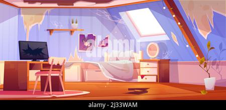 Une vieille chambre sale pour fille au grenier. Dessin animé vectoriel intérieur de mansarde avec plancher cassé et mobilier, mess et déchets. Adolescent abandonné chambre avec chao Illustration de Vecteur