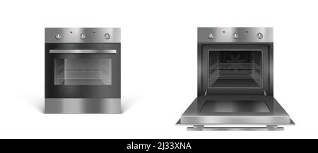 Four, appareils électriques de cuisine, cuisinière ouverte ou fermée de couleur argent vue de face. Techniques domestiques avec interrupteurs. Équipement de technologie domestique isolé sur Illustration de Vecteur