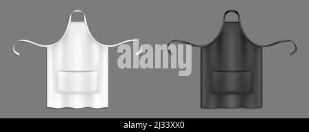 Tabliers de chef, maquette 3D vectorielle uniforme de cuisinier noir et blanc. Cuisine ou boulangerie bavoirs ou robe chasuble avec poche avant des modèles réalistes. Restaurant Illustration de Vecteur