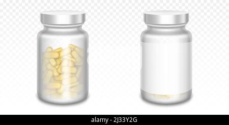 Flacons de médicaments avec pilules jaunes isolés sur fond transparent. Maquette vectorielle réaliste de verre ou de plastique transparent contenant la vierge Illustration de Vecteur