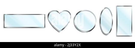 Miroirs en cadre chromé en forme de cercle, ovale, coeur et rectangle isolés sur fond blanc. Ensemble vectoriel réaliste de miroirs en verre brillant avec Illustration de Vecteur