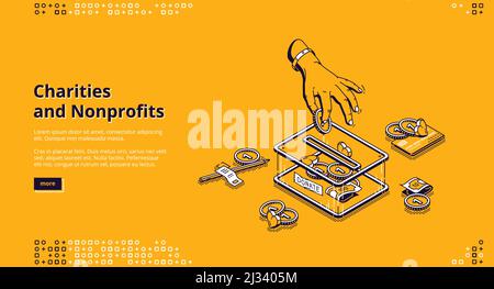 Page d'accueil isométrique de dons à but non lucratif de bienfaisance. Mettez les pièces à la main dans la fente de la boîte à monnaie. Bénévolat et aide sociale, solidarité et fondation Illustration de Vecteur