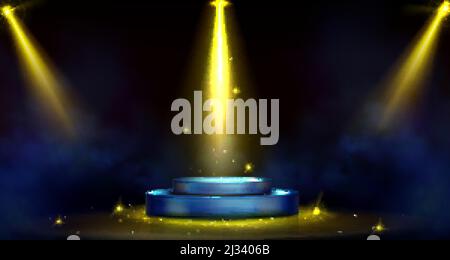 Podium rond, scène vide éclairée par des spots. Maquette réaliste vectoriel de plate-forme circulaire, pied bleu, faisceaux de projection jaunes, fumée et SH Illustration de Vecteur