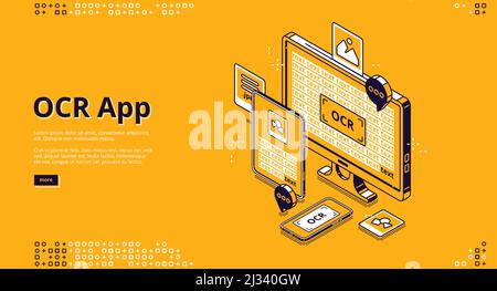 Bannière de l'application OCR. Service en ligne de reconnaissance optique de caractères pour la numérisation et la numérisation de texte à partir de documents papier et d'images. Page d'accueil Vector avec Illustration de Vecteur