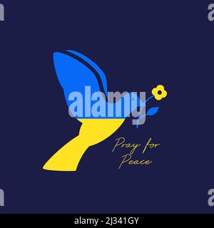 Prier pour la paix Illustration. Drapeau ukrainien dans un symbole de paix Dove Bird, signe, badge, étiquette Tmplate. Priez pour l'Ukraine, aidez, arrêtez l'impression de vêtements de guerre Illustration de Vecteur