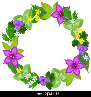 Cadre rond, couronne de fleurs sauvages d'été et feuilles sur fond blanc Illustration de Vecteur
