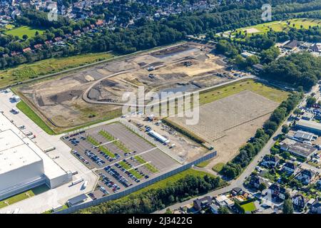 Photographie aérienne, Edeka central warehouse Oberhausen avec flow Land dans le district de Schwarze Heide à Oberhausen, région de la Ruhr, Rhénanie-du-Nord-Westphalie Banque D'Images