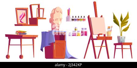 Artiste studio art stuff toile sur chevalet, peinture, pinceaux et crayons de couleur sur bureau en bois, tête en plâtre, cadres pour les images, plante en pot isolée o Illustration de Vecteur