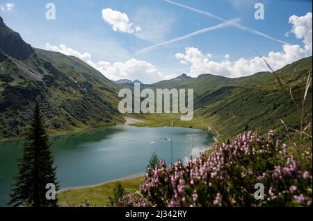 Magnifique lac dans les montagnes de l'Autriche avec des fleurs Banque D'Images