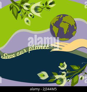 Jour de la Terre. Journée internationale de la Terre mère. Problèmes environnementaux et protection de l'environnement. Prendre soin de la nature. Main tenant la terre. Enregistrez le PL Illustration de Vecteur