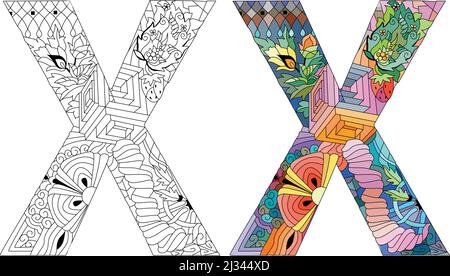 Lettre stylisée Zentangle - lettre X pour la coloration.Illustration vectorielle.Modèle ethnique Illustration de Vecteur