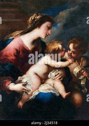 La Vierge à l'enfant avec Saint Jean-Baptiste par l'artiste baroque italien Valerio Castello (1624-1659), huile sur toile, 1650 Banque D'Images