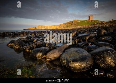 Vue sur la côte en pierre des ruines du château de Dunstanburgh, Northumberland, Angleterre, Grande-Bretagne, coucher de soleil, Banque D'Images