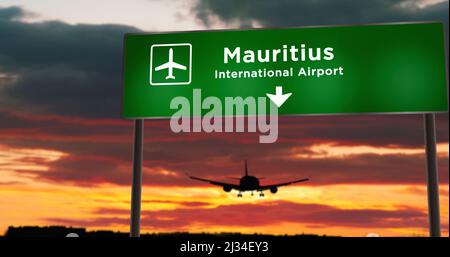 Atterrissage en avion à l'île Maurice. Arrivée en ville avec panneau indiquant la direction de l'aéroport et coucher de soleil en arrière-plan. Concept de voyage et de transport 3D i Banque D'Images