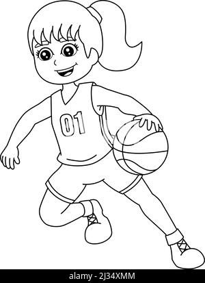 Fille jouant Basketball coloriage page isolé Illustration de Vecteur