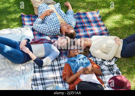 Se faire une place dans les livres. Photo d'un groupe de jeunes amis se détendant à l'extérieur sur le campus. Banque D'Images