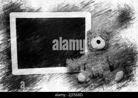 adorable teddybear assis à côté du tableau noir en style crayon Banque D'Images