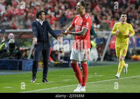 Lisbonne, Portugal. 05th avril 2022. Nélson Veríssimo, chef de SL Benfica, réagit lors du match de la Ligue des champions de l'UEFA, qui a eu lieu le 04 avril 2022 à Lisbonne, au Portugal, lors du quart de finale de la première jambe entre SL Benfica et le Liverpool FC. Valter Gouveia/SPP crédit: SPP Sport presse photo. /Alamy Live News Banque D'Images