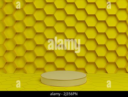 Lumineux, jaune néon 3D rendu produit affichage podium luxueux or nid d'abeille résumé fond avec support de cylindre minimal, modèle simple pour Banque D'Images