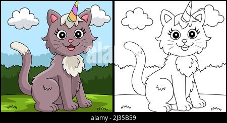 Illustration colorée de la page de coloration de la licorne de chat Illustration de Vecteur