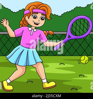 Fille jouant au tennis coloré dessin animé Illustration Illustration de Vecteur