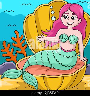 Sirène assise dans Un dessin animé de couleur coquille Illustration de Vecteur