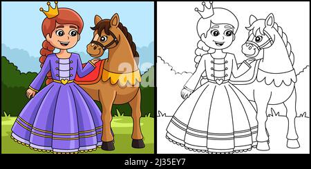 Illustration de la page de coloriage de la princesse et du cheval Illustration de Vecteur