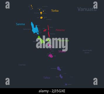 Carte infographique de Vanuatu, couleurs des régions avec les noms des îles individuelles, conception plate, vecteur d'arrière-plan bleu Illustration de Vecteur