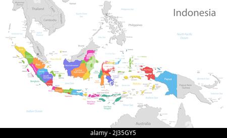 Carte de l'Indonésie, division administrative avec noms de régions, carte des couleurs isolée sur fond blanc vecteur Illustration de Vecteur