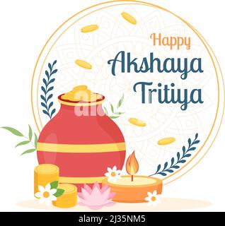 Akshaya Tritiya Festival avec un Kalash d'or, pot et pièces d'or pour Dhanteras Celebration on Indian in decorated Background Template Illustration Illustration de Vecteur