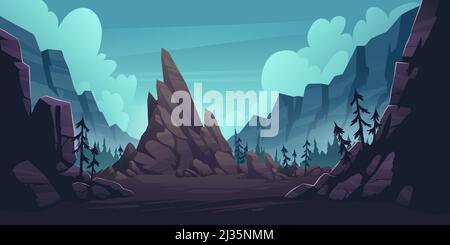Paysage de montagne avec forêt et falaise solitaire. Illustration vectorielle du canyon avec des rochers et des pins. Scène nature avec crête de montagne, WO Illustration de Vecteur