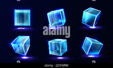 Cubes en plastique ou en verre avec lumière néon dans différentes vues d'angle, boîte carrée claire, bloc de cristal, aquarium ou podium d'exposition, isolé brillant g Illustration de Vecteur