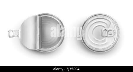 Boîte en étain métallique pour aliments isolés sur fond blanc. Maquette vectorielle réaliste de conteneur rond en aluminium vierge avec couvercle à tirer en anneau, ouvert et fermé Illustration de Vecteur
