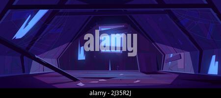Vieux grenier dans la maison abandonnée la nuit. Dessin animé vecteur intérieur de la pièce de garret avec toit cassé, mur et poutres, désordre et toile de araignée. Vide désordre homme Illustration de Vecteur